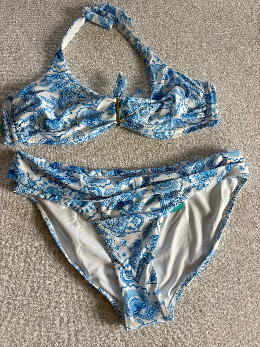 Melissa Odabash Provence Print Halter Bikini Set Blue White NWT US 12